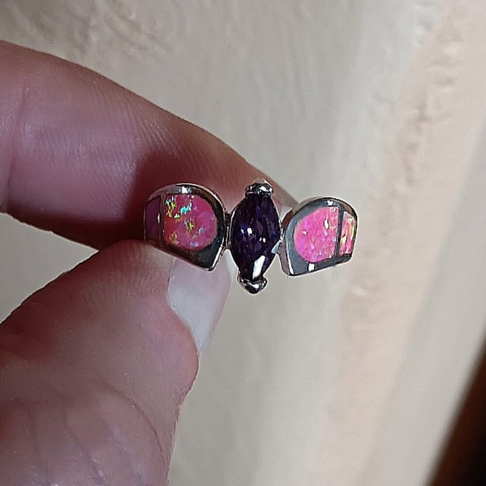 New - Amethyst Marquise and Pink Fire Opal Ring - Size 6